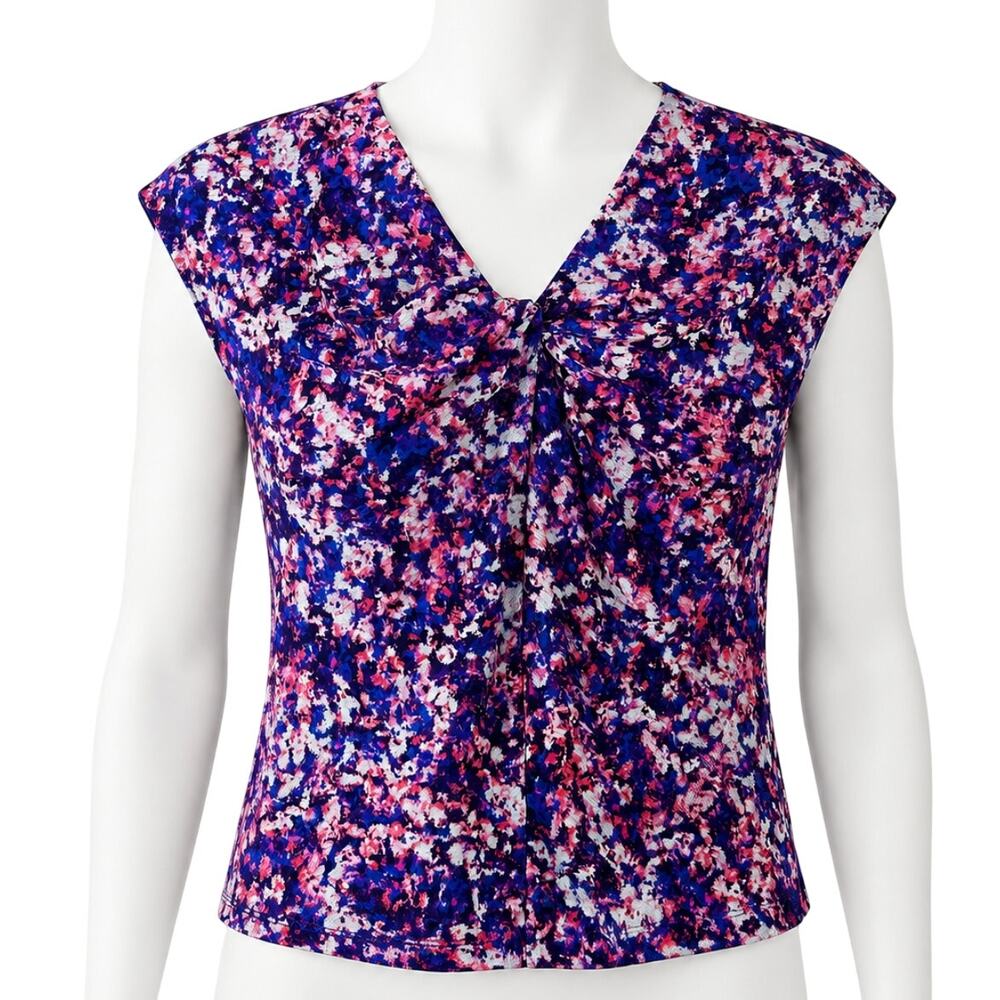 Liz Claiborne Blouse XL Blue Pink V Neck Short Sleeve Y2K Cottagecore Indie